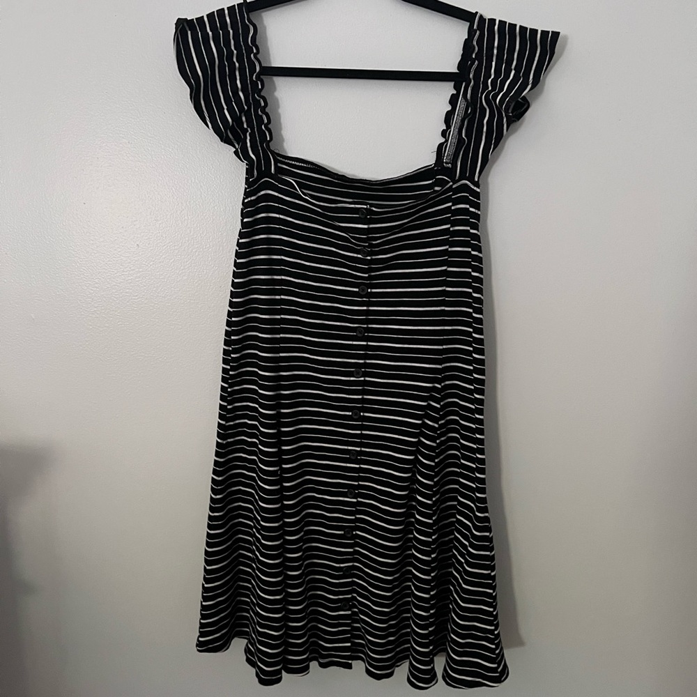 Plus Size Striped Button up Ruffle Sleeved Dress